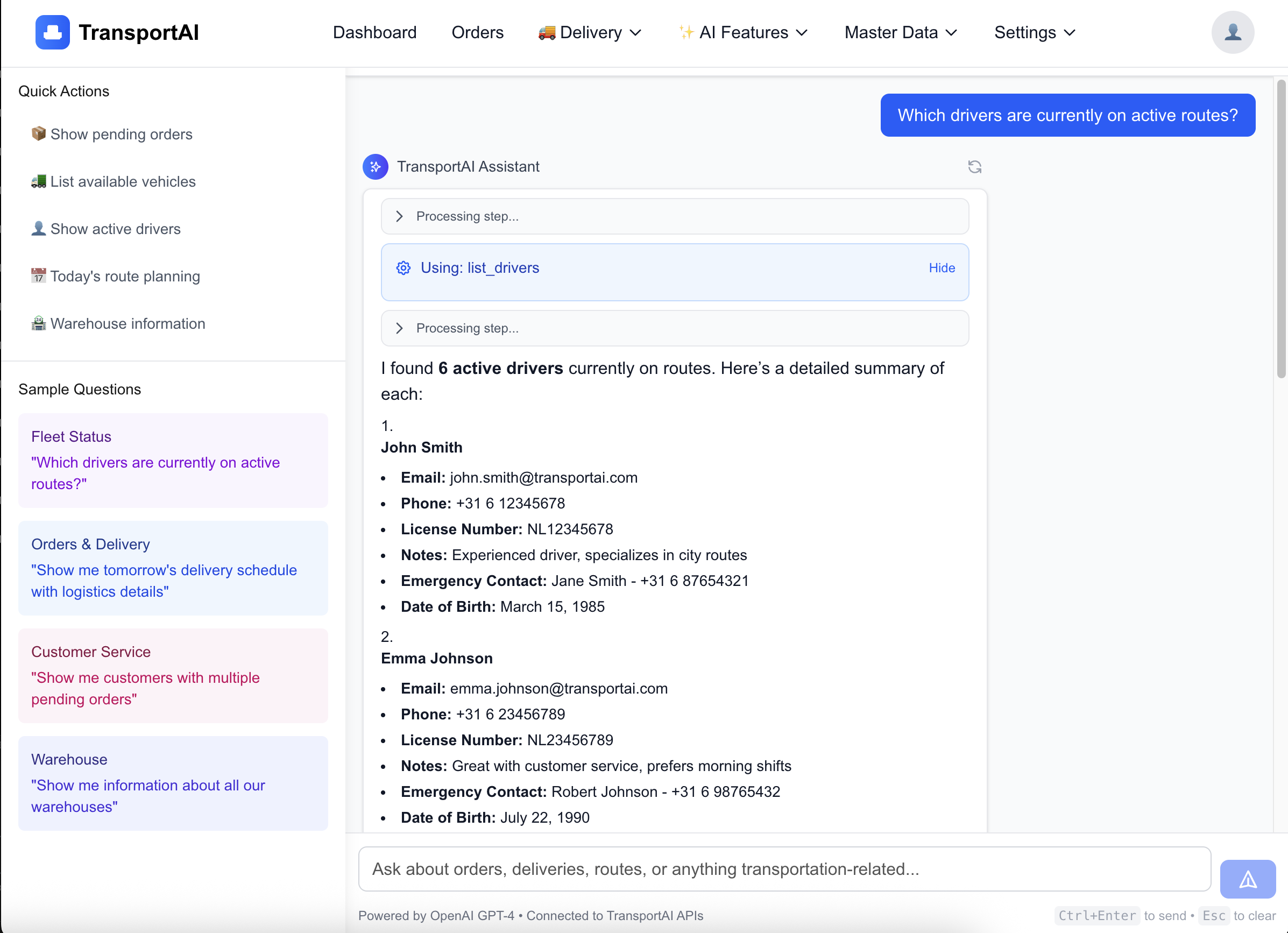 TransportAI Chat Agent Interface